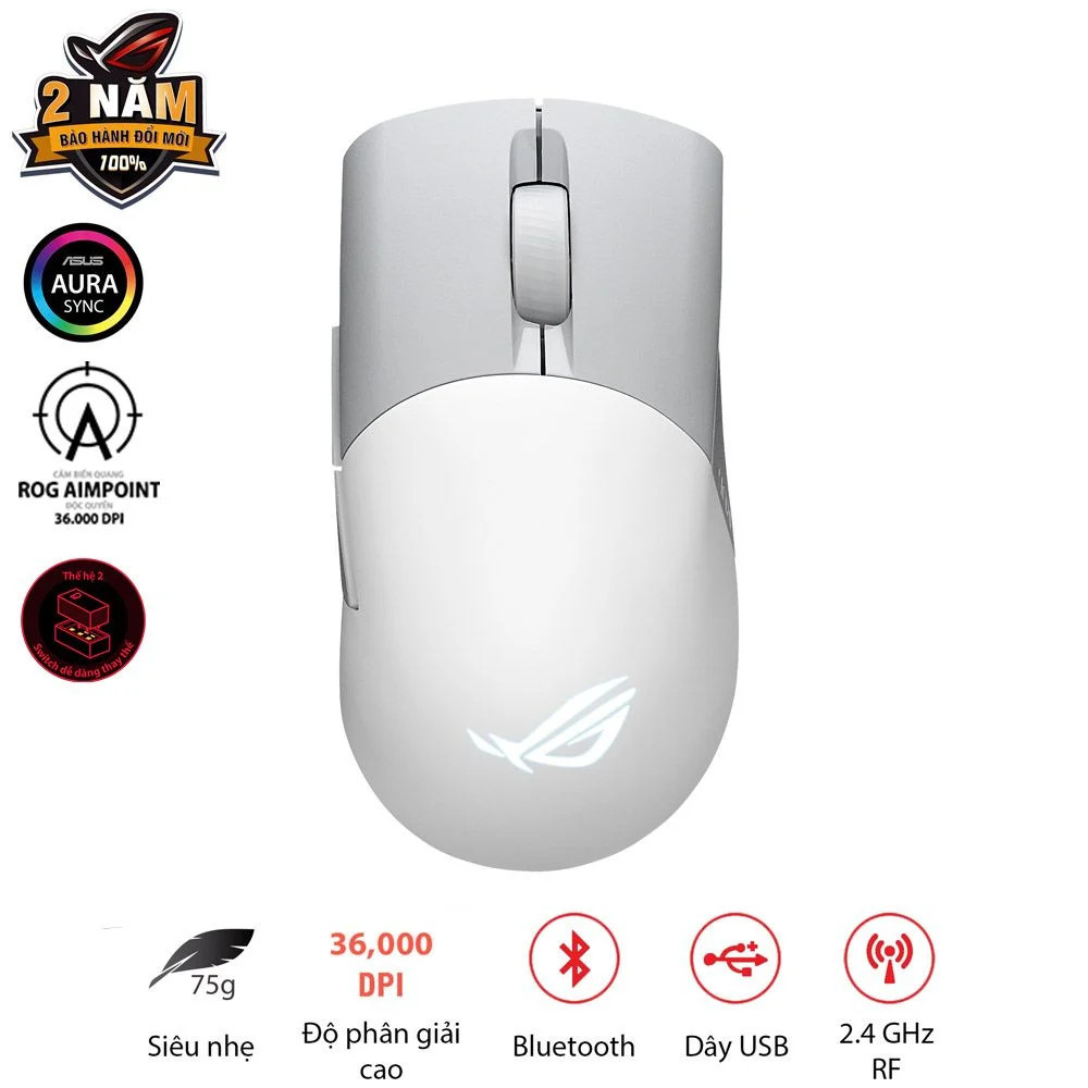 Chuột Gaming ASUS ROG KERIS AIMPOINT USB/WL/RGB Kết Nối Dây, Bluetooth, dpi 16000, PBT, Aura Sync - 
