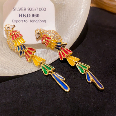 Pinkdudu Vẹt Zirconia Thả Bông Tai Nhiều Màu Sắc Dài Dangles Nhẹ Sang Trọng Dopamine Trang Sức Cho Nữ PD2556