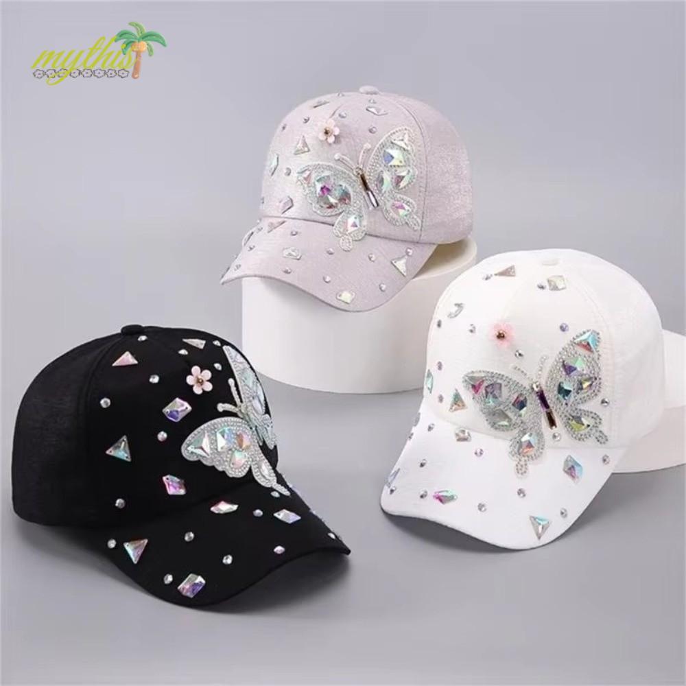 [MYTHIS] Mũ bóng chày đính đá, Mũ bóng chày bướm thoáng khí có thể điều chỉnh, Quà tặng Thiết kế hìn
