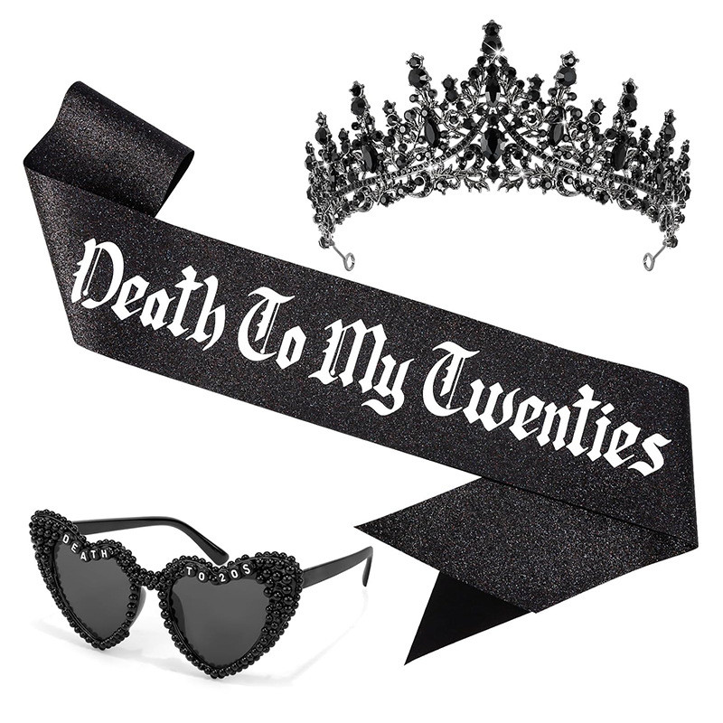 [Hàng có sẵn] Death to my 20 Gothic Birthday Party Glasses Black Diamond Crown Gold Pink Dây đeo vai