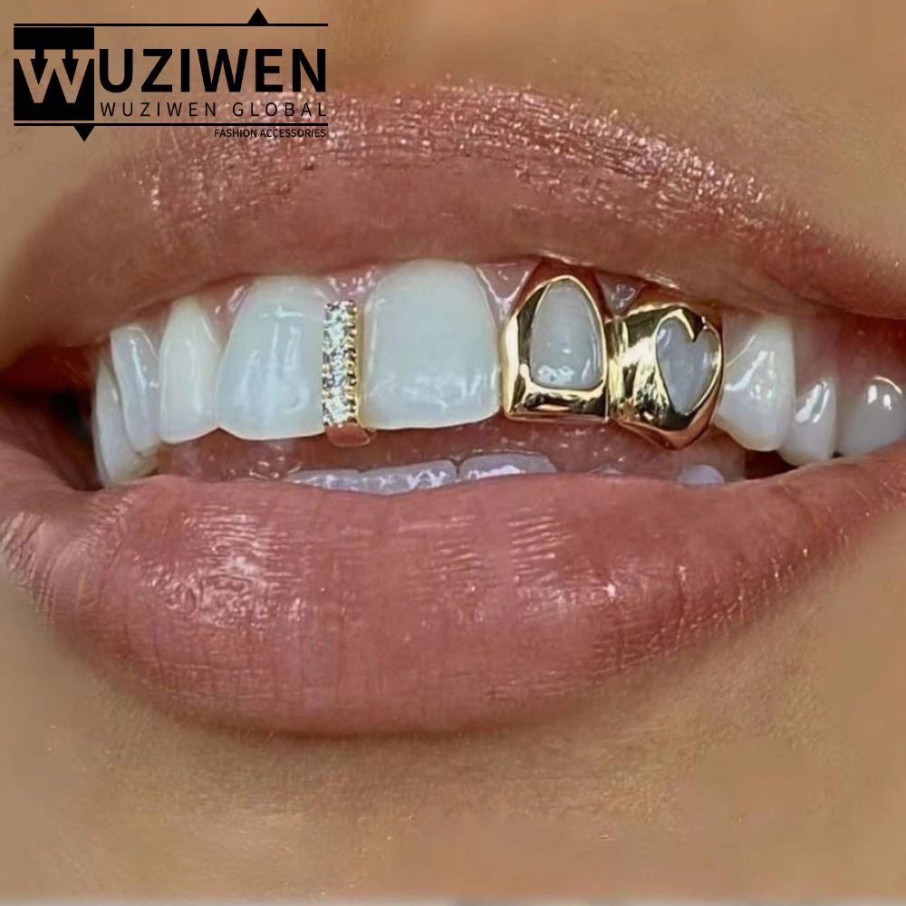 WUZIWEN Hip Hop Răng Grillz, Đồng Rỗng Trái Tim Grillz, Màu Vàng Sáng Bóng Đôi Trái Tim Răng Mũ Tran