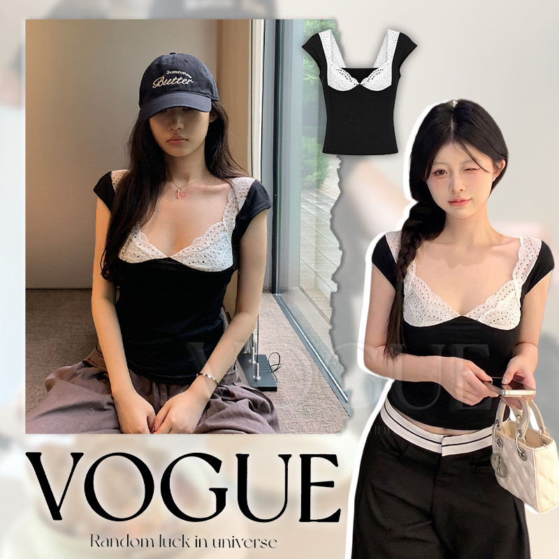 Áo thun cổ vuông ngắn tay Vogue có ren đơn giản và sang trọng và quyến rũ cho phụ nữ Phong cách trẻ 