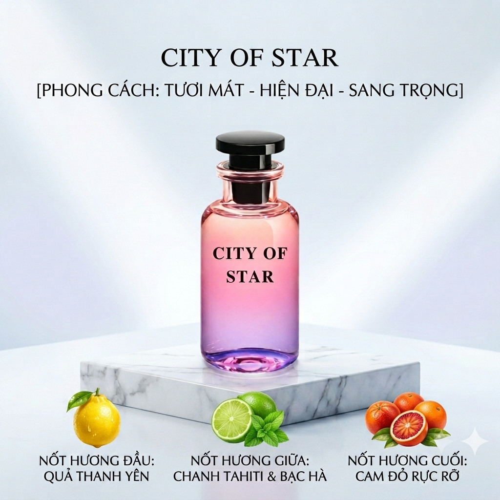 Nước hoa unisex City Of Stars. Mùi hương tươi mát, sang trọng, đầy sức sống.