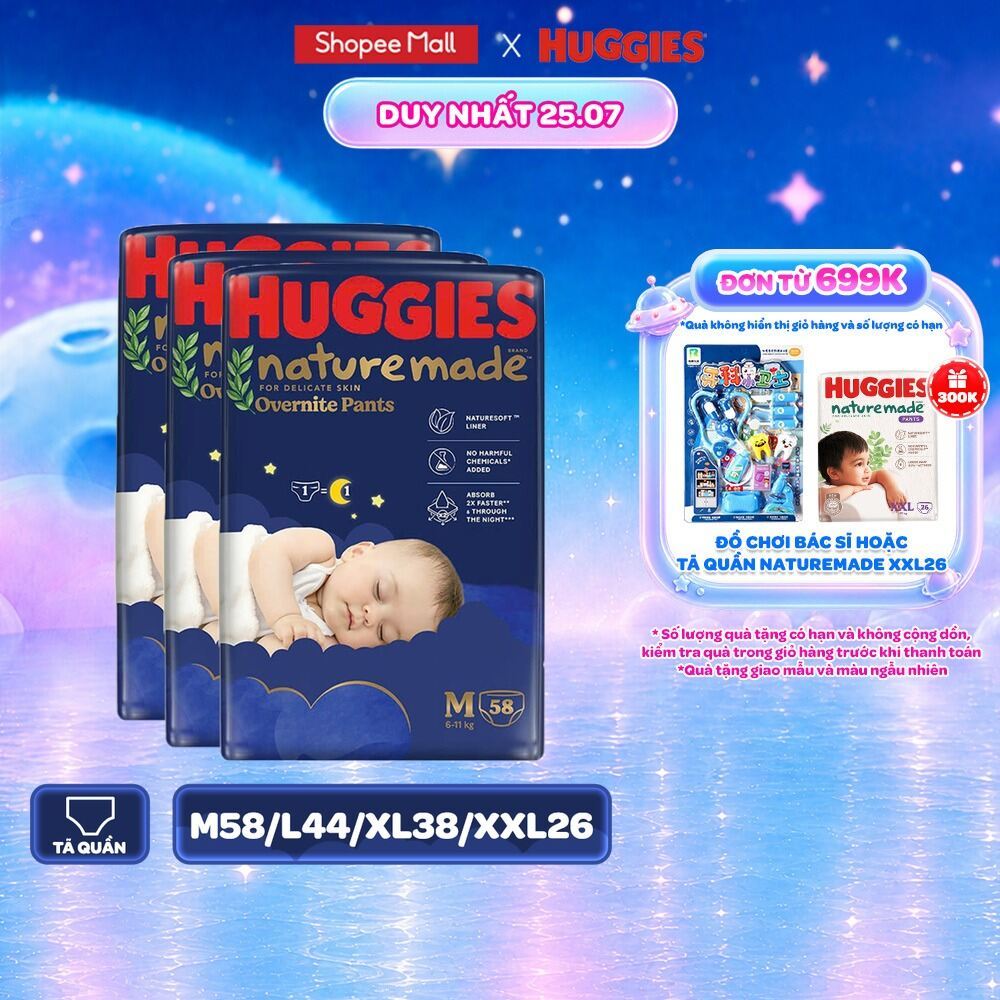 Combo 3 Tã quần Huggies Naturemade ban đêm M58/L44/XL38/XXL26