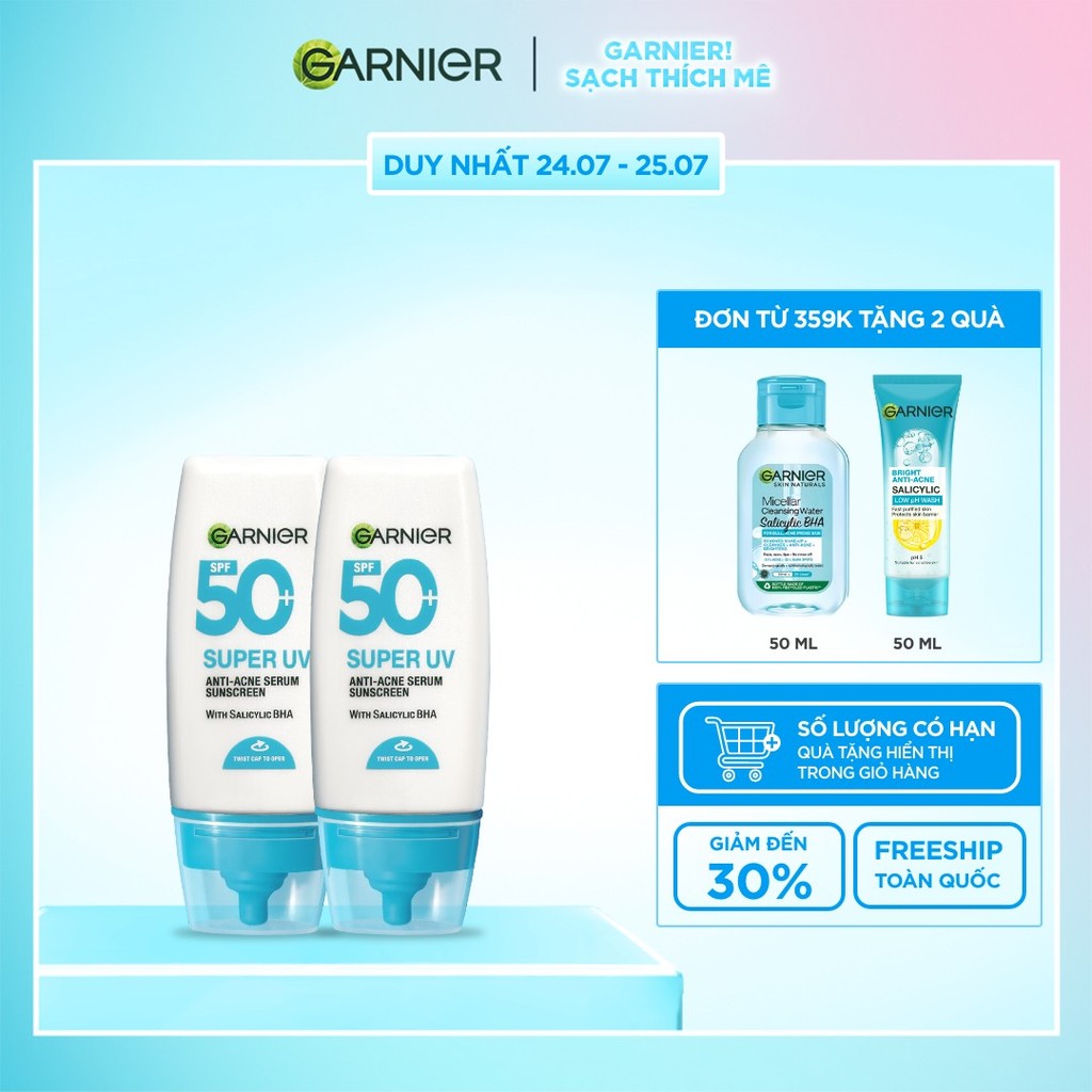 Bộ 2 Kem Chống Nắng Garnier Phổ Rộng Kiềm Dầu Đến 12H & Hỗ Trợ Giảm Mụn SPF 50+PA++++ 30mlX2