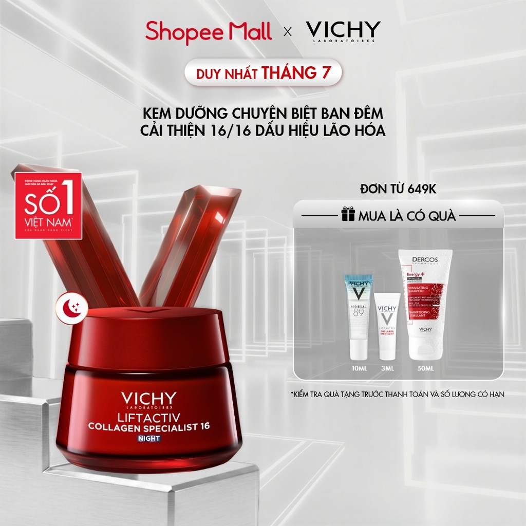 Kem dưỡng đêm Vichy Collagen 16 giúp trẻ hóa da, ngăn ngừa và giảm nếp nhăn, làm sáng da, giúp da căng đầy 50ml