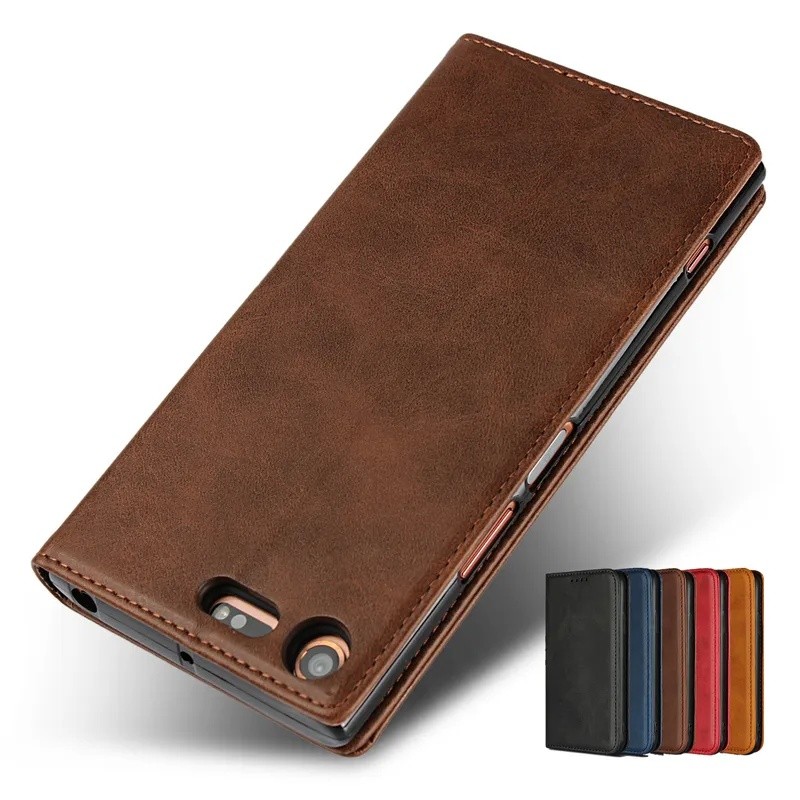 YyyyLeather Ốp Lưng Dành Cho Sony Xperia XZ1 XZ Premium XZ2 Flip Case Đựng Thẻ Bao Da Từ Thu Hút Bao