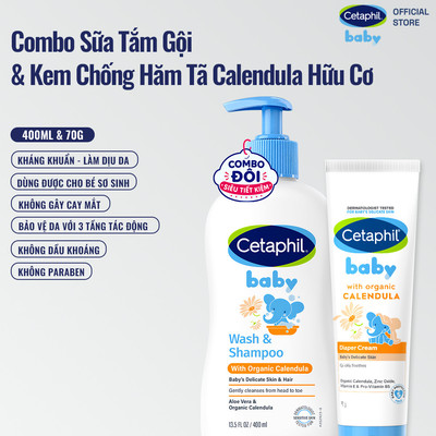 Combo Sữa tắm gội dưỡng ẩm 400ML và Kem chống hăm tã 70G dịu lành cho bé với Calendula hoa cúc hữu cơ