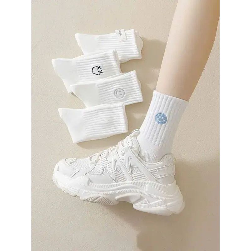 Combo 5 Đôi 10 Đôi Tất Nam Nữ Cổ Cao Cotton Tone Trắng Mặt Cười Xanh Hàn Quốc - tất nữ set 10 đôi dà