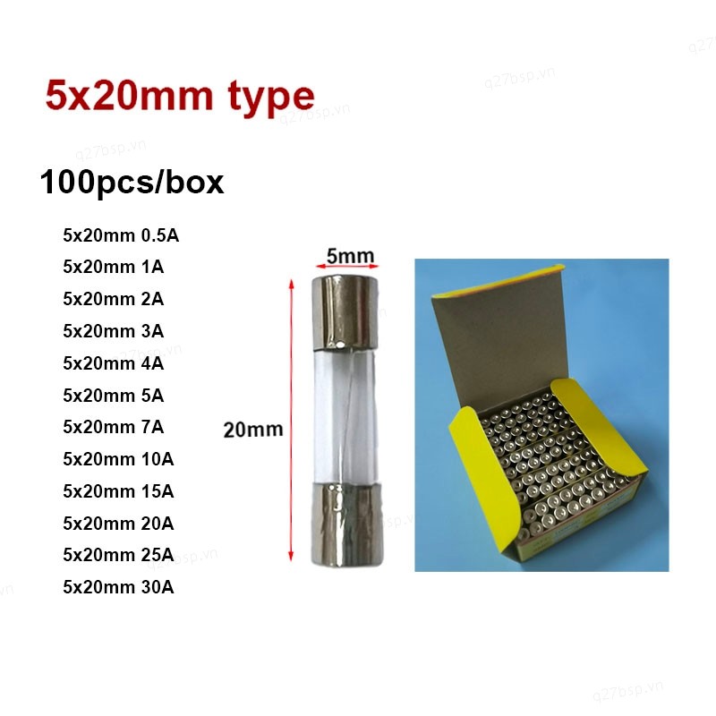 100 Cái / hộp KÍNH Thổi Nhanh FUSE Ống Bảo Hiểm Thổi Nhanh 5X20MM 250V 0.5A / 1A / 2A / 3A / 4A / 5A