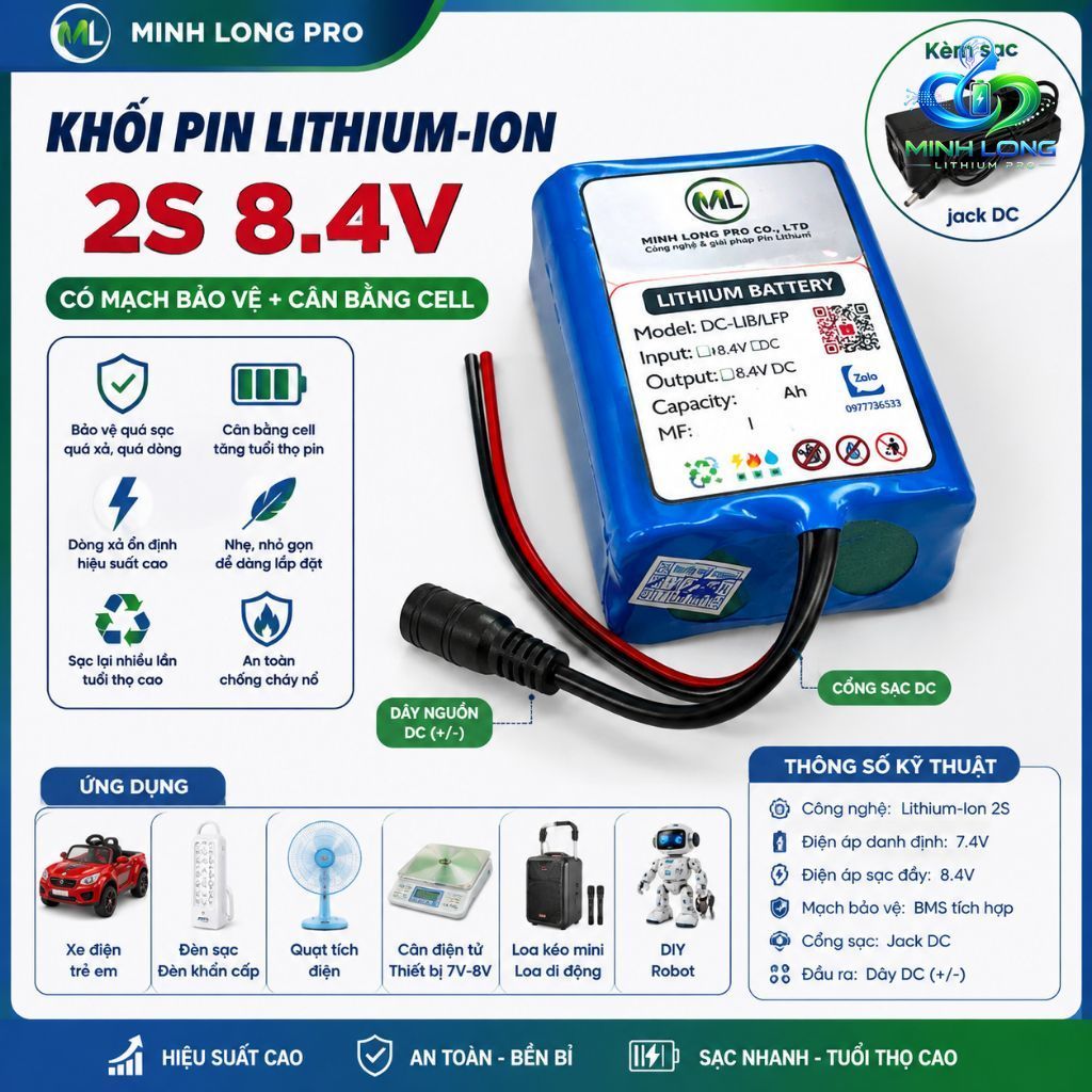 Pin Lithium-Ion 2S 7.4V 8.4V 10Ah Cho Xe Điện Trẻ Em, Loa, Đèn Quạt Sạc, Robot, Cân Điện Tử, DIY