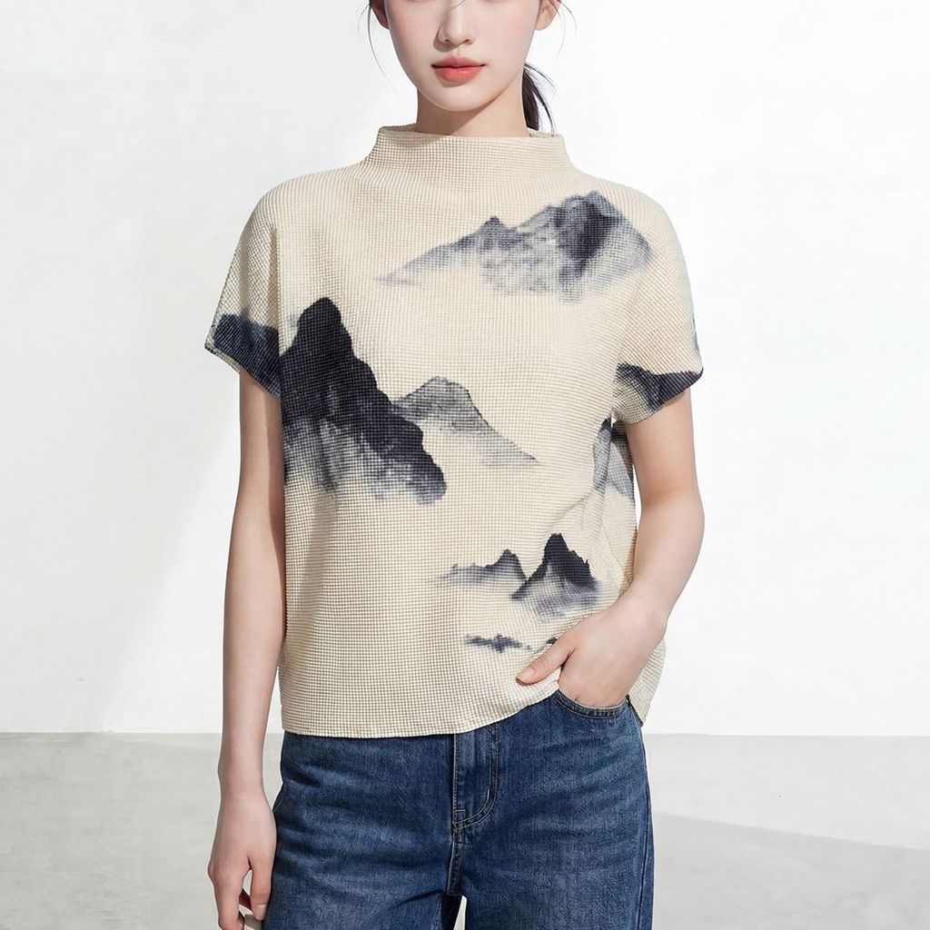 Miyake Chất Lượng Cao Xếp Ly Top Nữ Tay Ngắn Cổ Rùa Nhỏ In Hình Áo Thun Nữ
