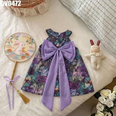 Váy Bé Gái Dáng Chữ A Hoa Đa Sắc Nền Tím Phối Nơ Lưng Bản Lớn Thanh Lịch MINTSCLOSET GV0472