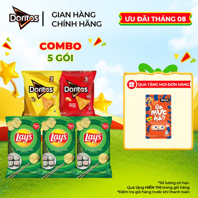 Combo 3 Gói Snack Khoai Tây LAY'S 90G Vị Tự Nhiên/Tảo Biển + Combo 2 Gói Snack Ngô Giòn DORITOS 65G Vị Nacho Cheese/Taco