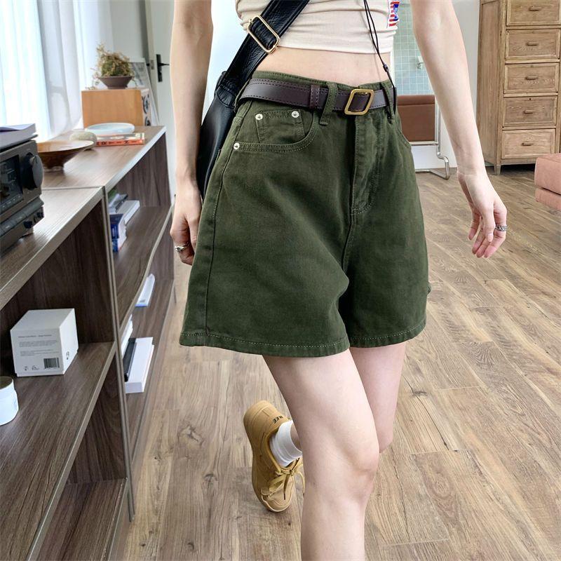 [Hàng mới về] Quần short Denim màu xanh lá cây cổ điển dành cho nữ Mùa hè Phong cách mới Phiên bản Hàn Quốc Eo cao Ôm hơn Nhìn cong viền ống rộng xu hướng
