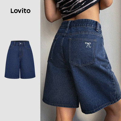 Quần short denim Lovito phong cách thường ngày khóa kéo mùa xuân/hè màu xanh dương đậm cho nữ L149LD399