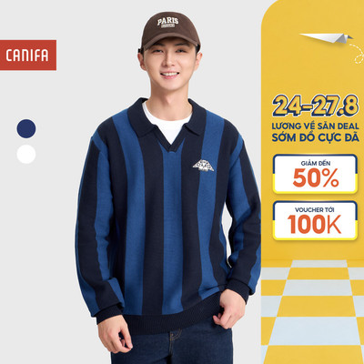 Áo len nam dệt kẻ CANIFA dài tay cổ bẻ họa tiết kẻ sọc 8TE25C002