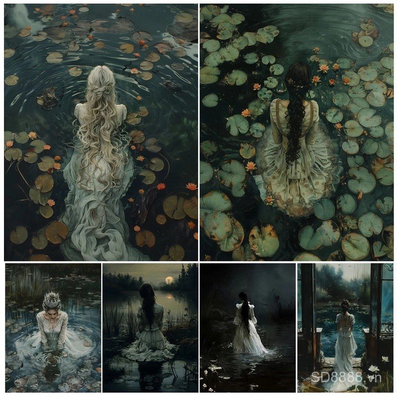 Tranh canvas nghệ thuật treo tường Goth Moody Victoria, Hồ và Ophelia, Poster nghệ thuật học thuật t