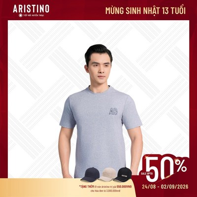 Áo Thun Nam T-shirt Cổ Tròn Aristino Regular Fit Màu Xám Năng Động 75% Cotton Thoáng Mát ATS021AS0