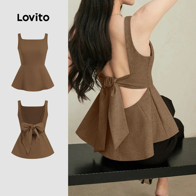 (Phong cách thường ngày) Lovito Áo nữ dáng rộng cổ thắt nơ phía lưng không tay phù hợp mùa xuân / hè màu nâu L142LD443