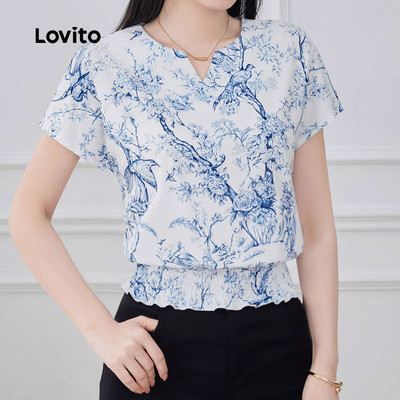 Lovito Kỳ nghỉ Áo nhún thun phong cách màu xanh dương cho nữ L177AD168