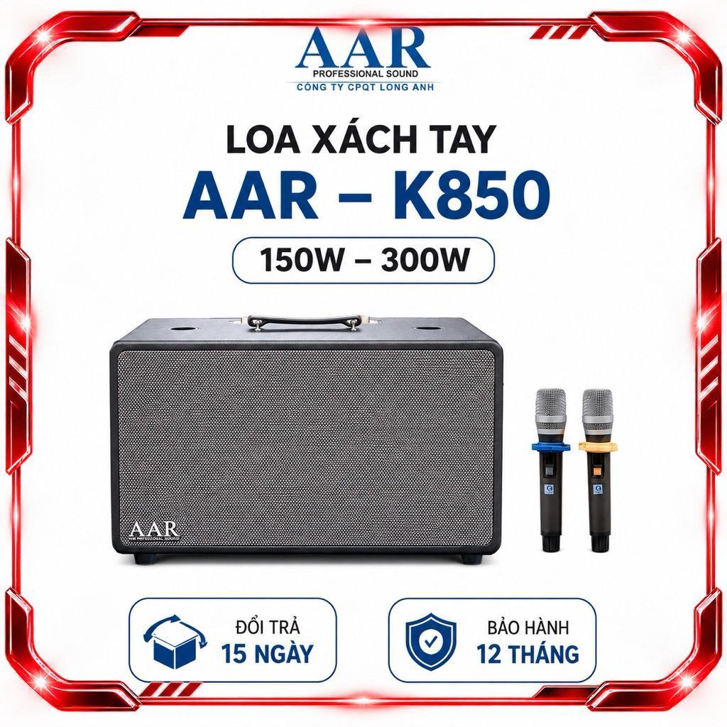 Loa Karaoke Xách Tay AAR K850 300W Kèm 2 Micro Không Dây UHF - Bluetooth 5.0, Pin Sạc, Hỗ Trợ USB/AU