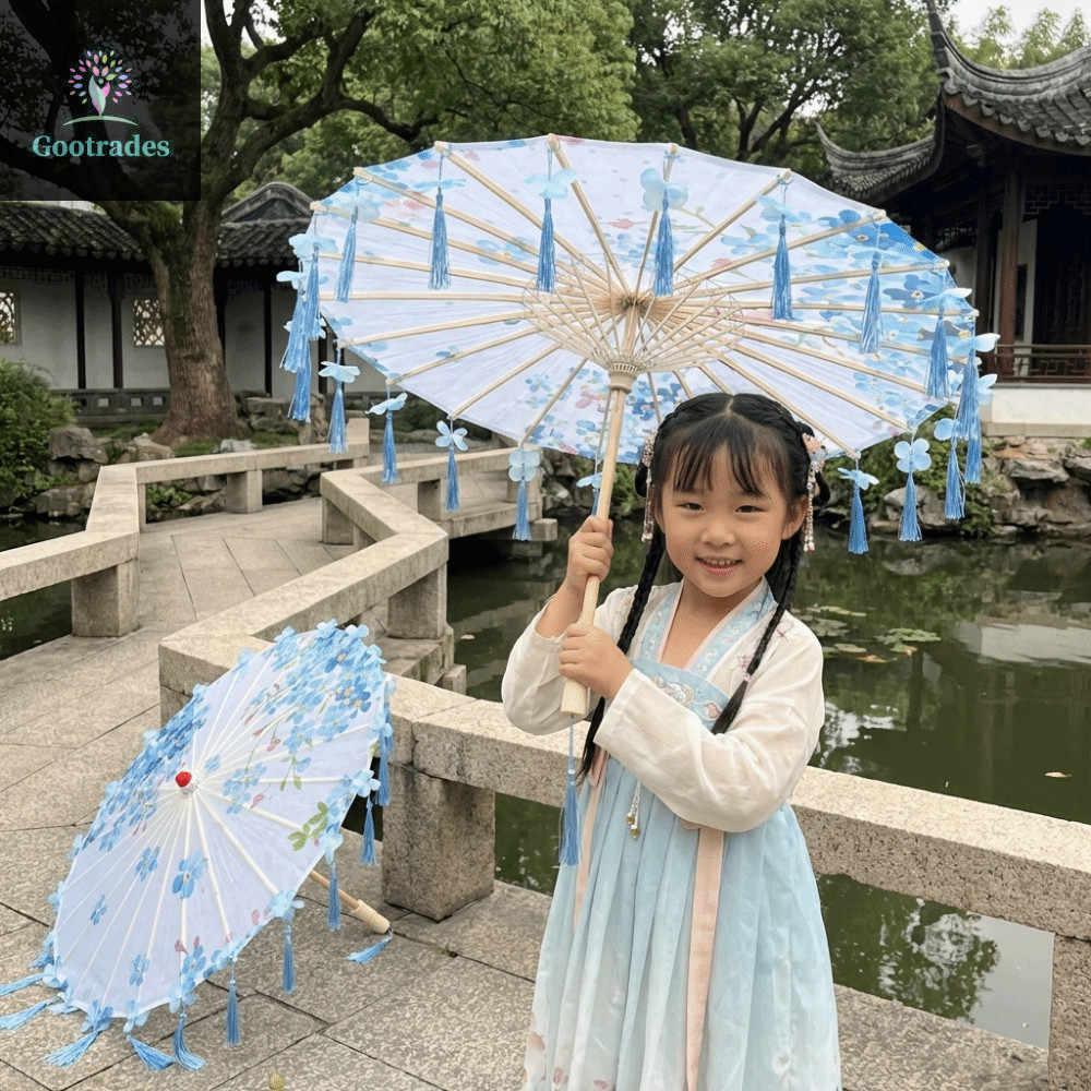 Ô dù tua rua vải GOOTARDES, Ô dù cổ Trung Quốc cầm tay phong cách Trung Quốc, Ô tua rua trang trí 56