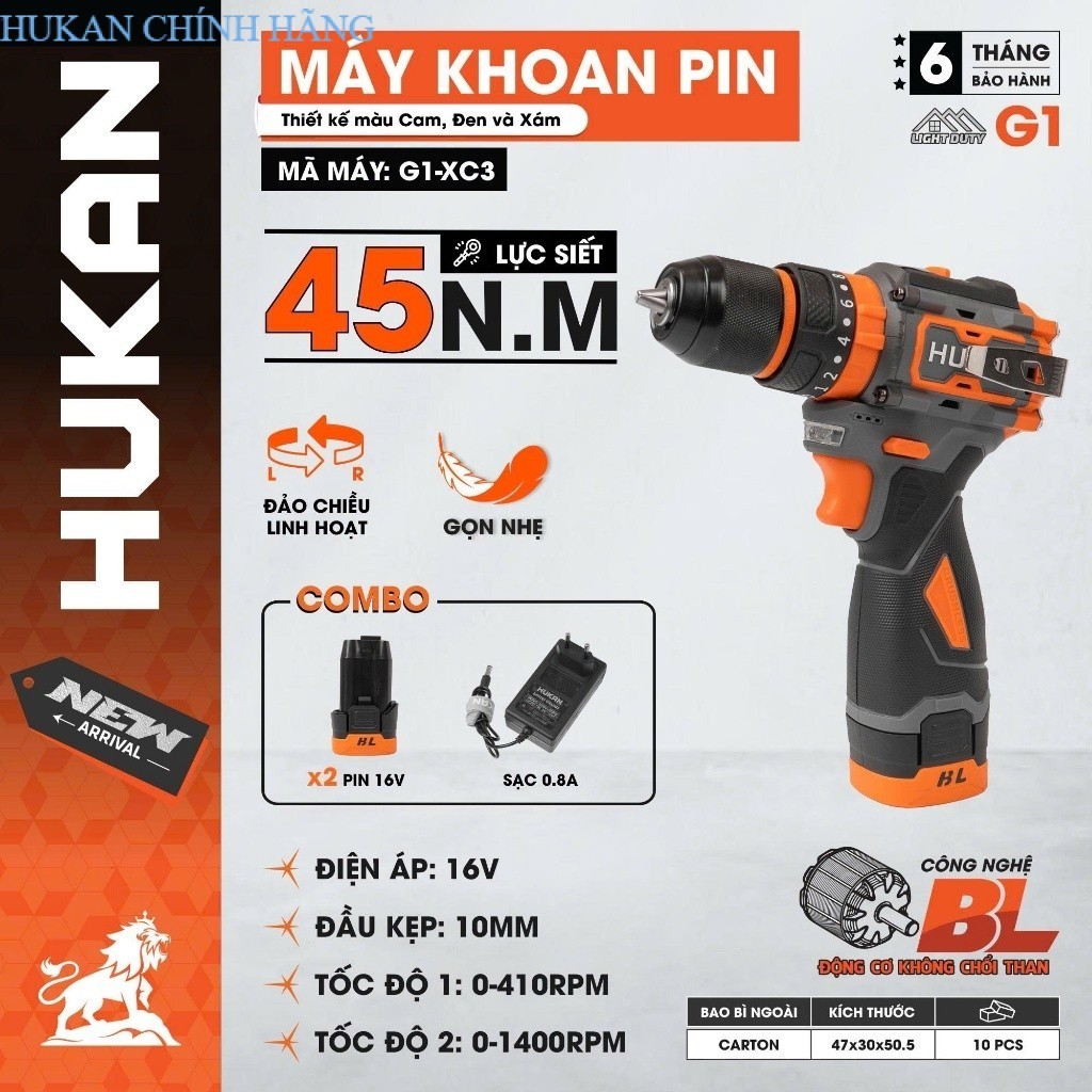 Máy Khoan Pin HUKAN G1-XC3, Lực Siết 45Nm, Khoan pin 3 chức năng, Đầu kẹp 10mm HUKAN CHÍNH HÃNG