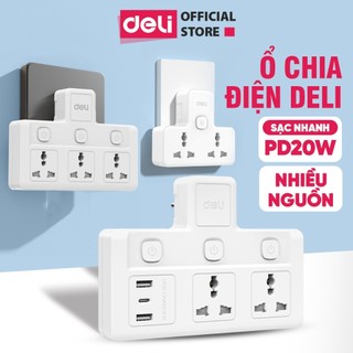   VOUCHER 60K LIVE  Ổ Cắm Chia Điện Sạc Nhanh Deli Ổ Cắm Điện Chữ T Công Suất 2500W Tích Hợp Cổng USB &TypeC Đa Dạng 