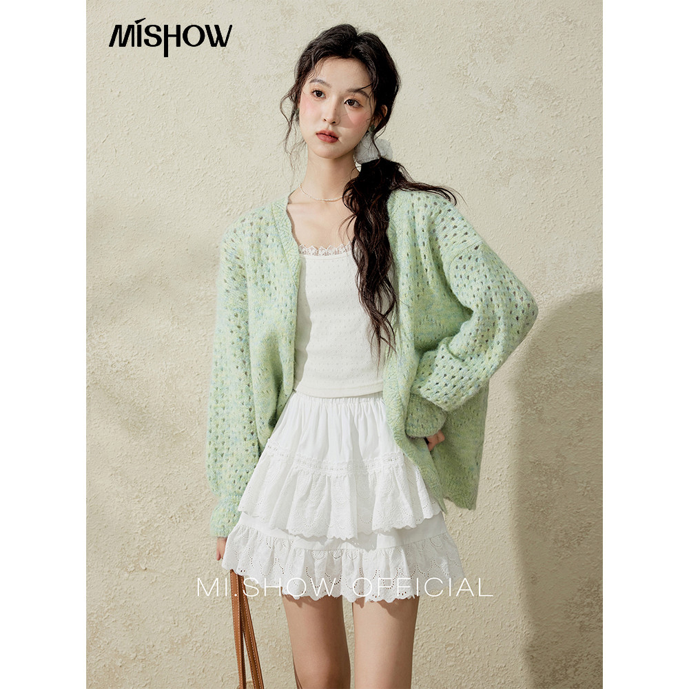 MISHOW 2025 mùa thu mới đan cardigan nữ rộng thùng thình rỗng sóng đi lại trông gầy