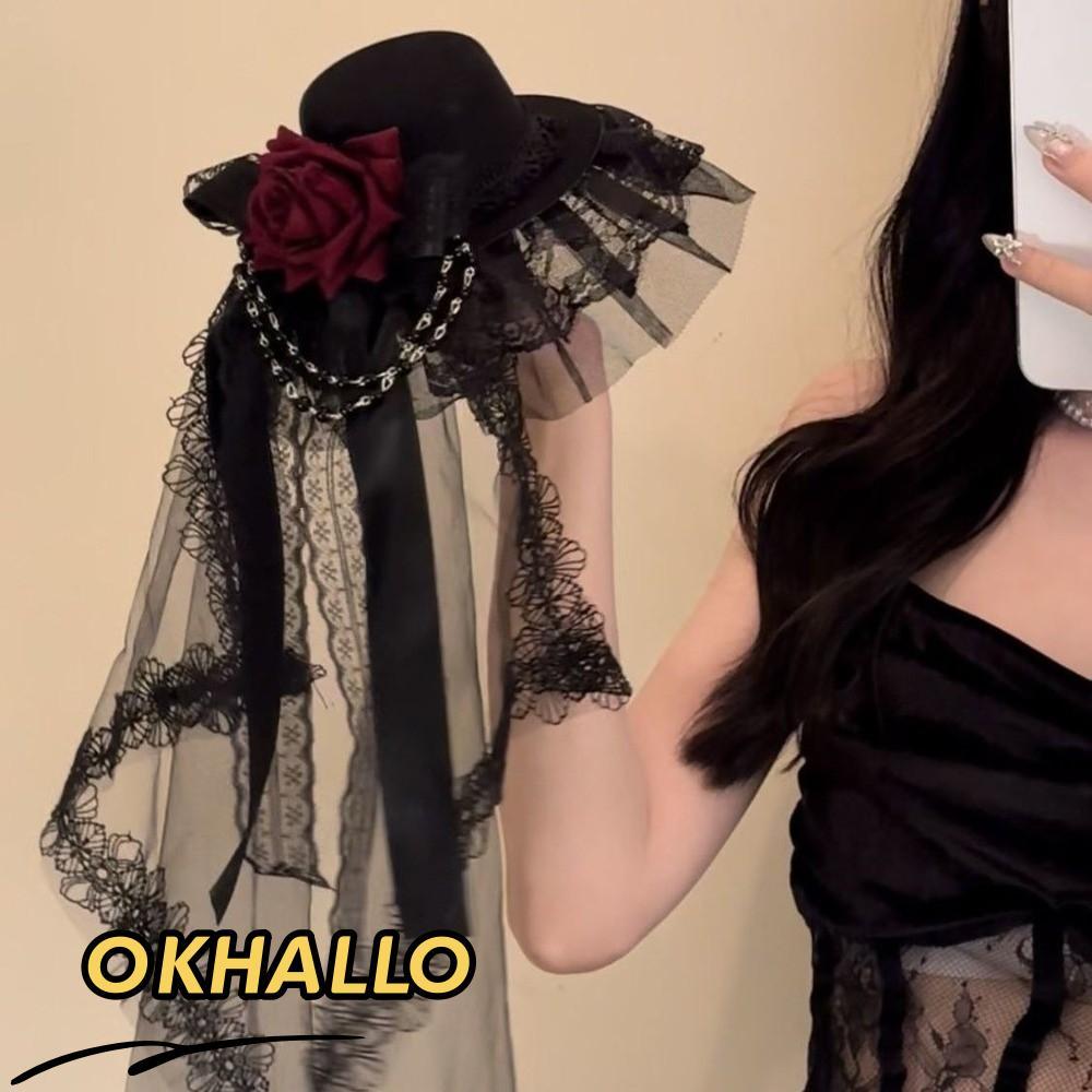 OKHALLO Gothic Veil Rose Top Hat, Đen hoặc Trắng Gothic Dark Gothic Mũ Gothic, Hoa Thanh Lịch Nơ Tra
