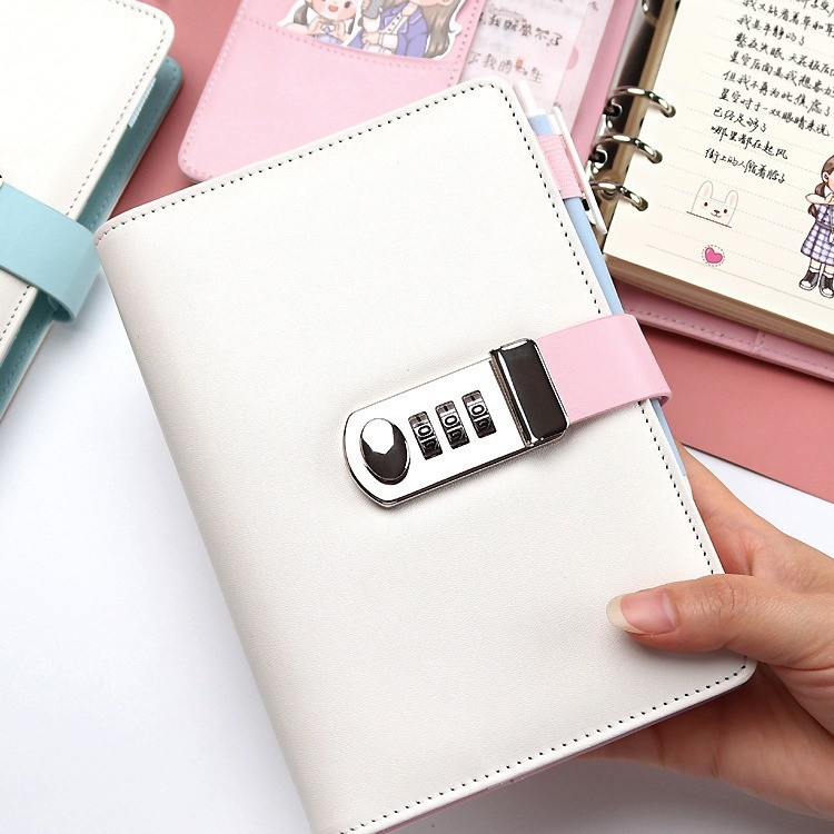 Colorful loose-leaf student notebook with multiple stationery clips, diary with password lock functi