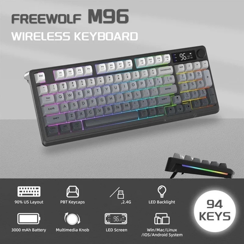 Bàn phím không dây chuyển màu 96 phím FREEWOLF M96 Màn hình thông minh RGB PBT Chế độ kép Bluetooth