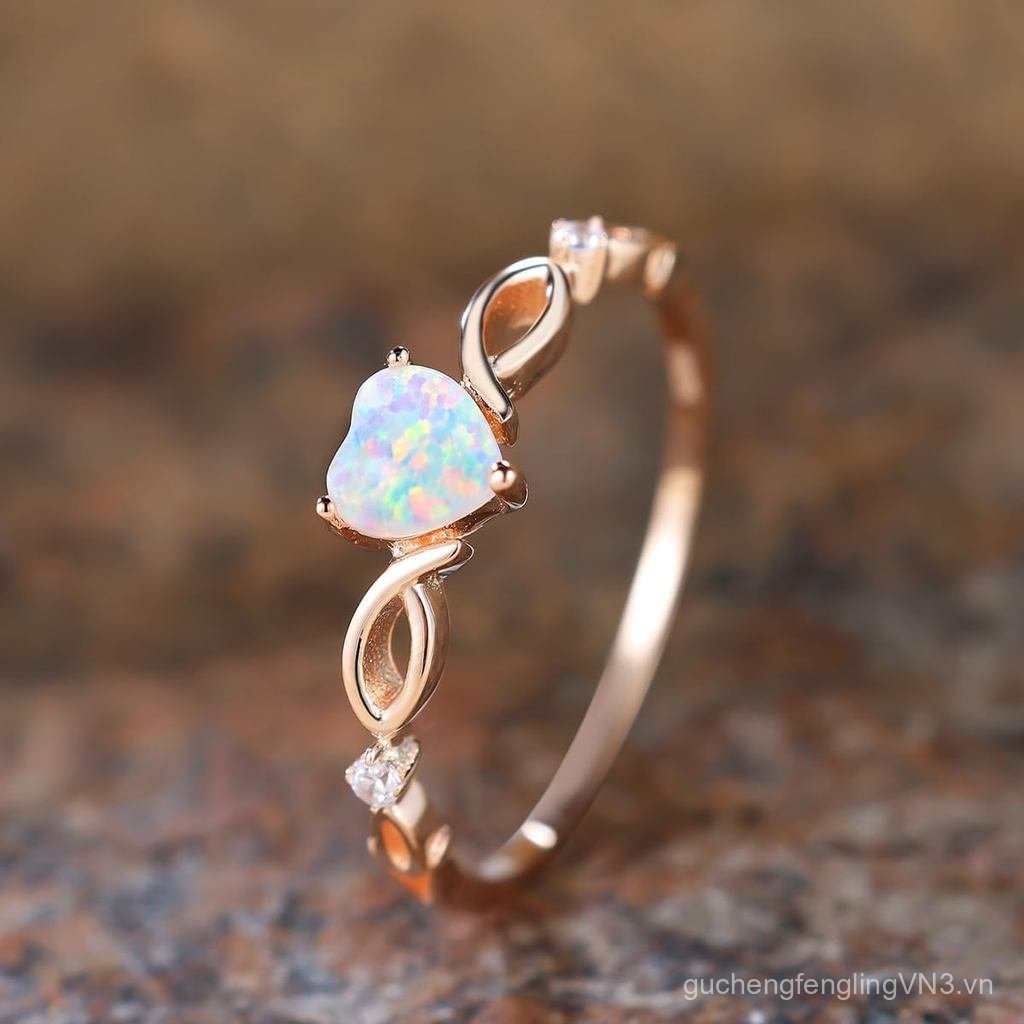Nhẫn Opal hình trái tim bạc 925 Nhẫn đính hôn cho nữ Quà tặng trang sức ngày của mẹ (7, Vàng Opal mà