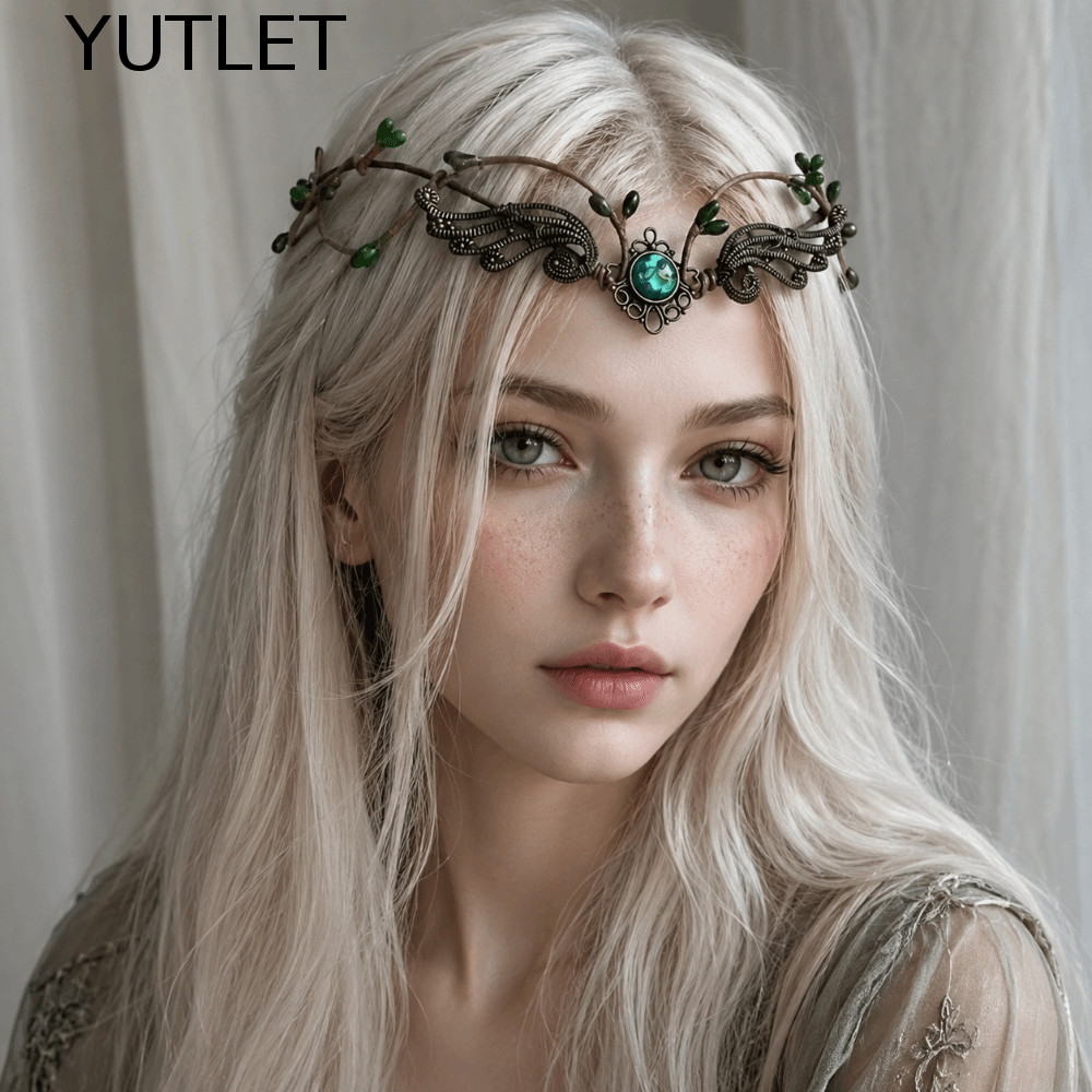 YUTLET Flower Elven Crown, Moon Green Gemstone Bridal Forehead Chain, Woodland Theme Vintage Renaiss