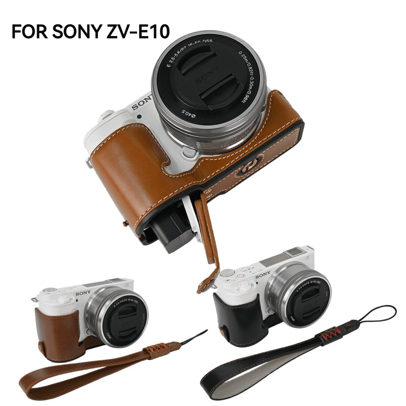 Da Thật Chính Hãng Họa Tiết Lichee Nửa Đế Body Dành Cho Sony ZV-E10 Da Dầu PU Túi Máy Ảnh Vỏ Bao ZVE