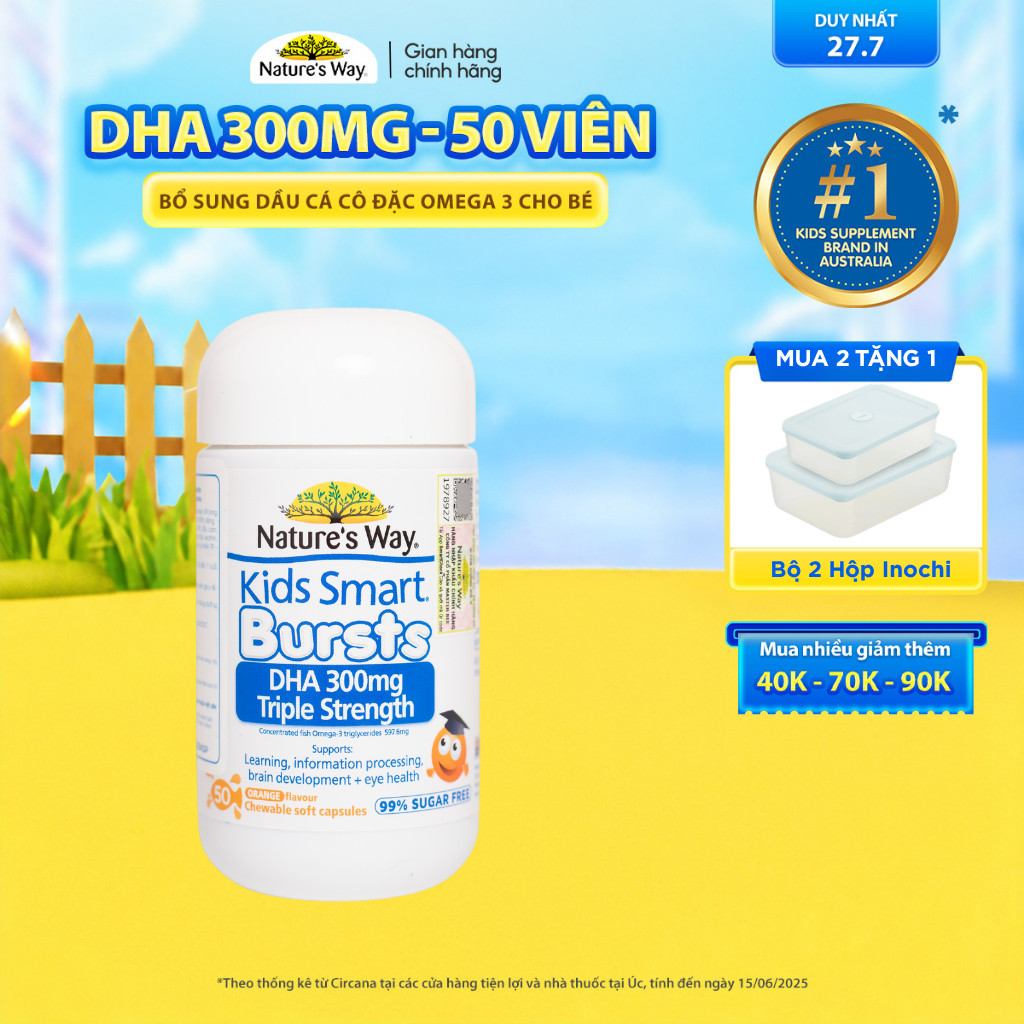 DHA 300mg Nature's Way Kids Smart Triple Strength Bổ Sung Dầu Cá Cô Đặc Omega 3 RTG Hàm Lượng Cao Ch