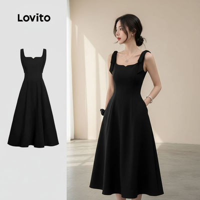 Lovito thanh lịch Váy đen buộc dây có túi cho nữ mùa hè xuân L134ED498
