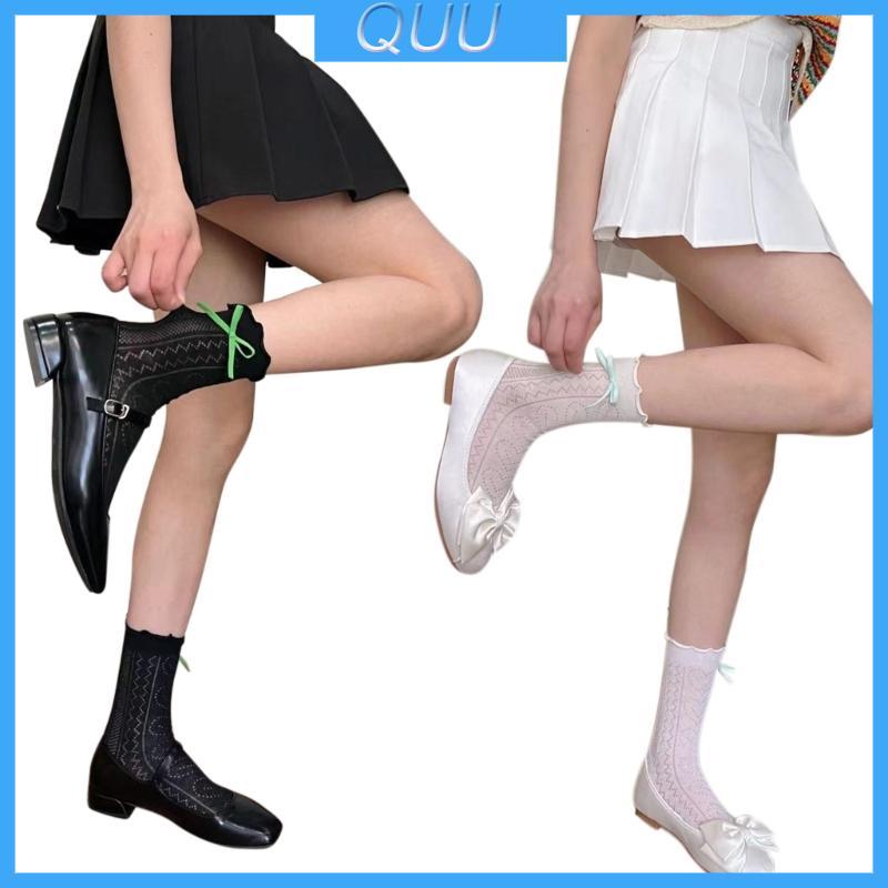 QUU Nữ Tất Cotton-Hollow Trái Tim Tất-Lolita Nơ Rau diếp Viền Tất