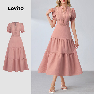 (Thanh lịch)Lovito Đầm Midi Dáng Chữ a Màu Hồng Thanh Lịch Tay Phồng Cổ Chữ V Xẻ Sâu Có Khóa Kéo Phối Ren Thích Hợp Cho Kỳ Nghỉ Xuân/hè Của Phụ Nữ LR35L019