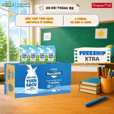 COMBO 2 Thùng 48 Hộp Sữa Tươi Tươi Sạch NutiMilk Ít Đường 110ml