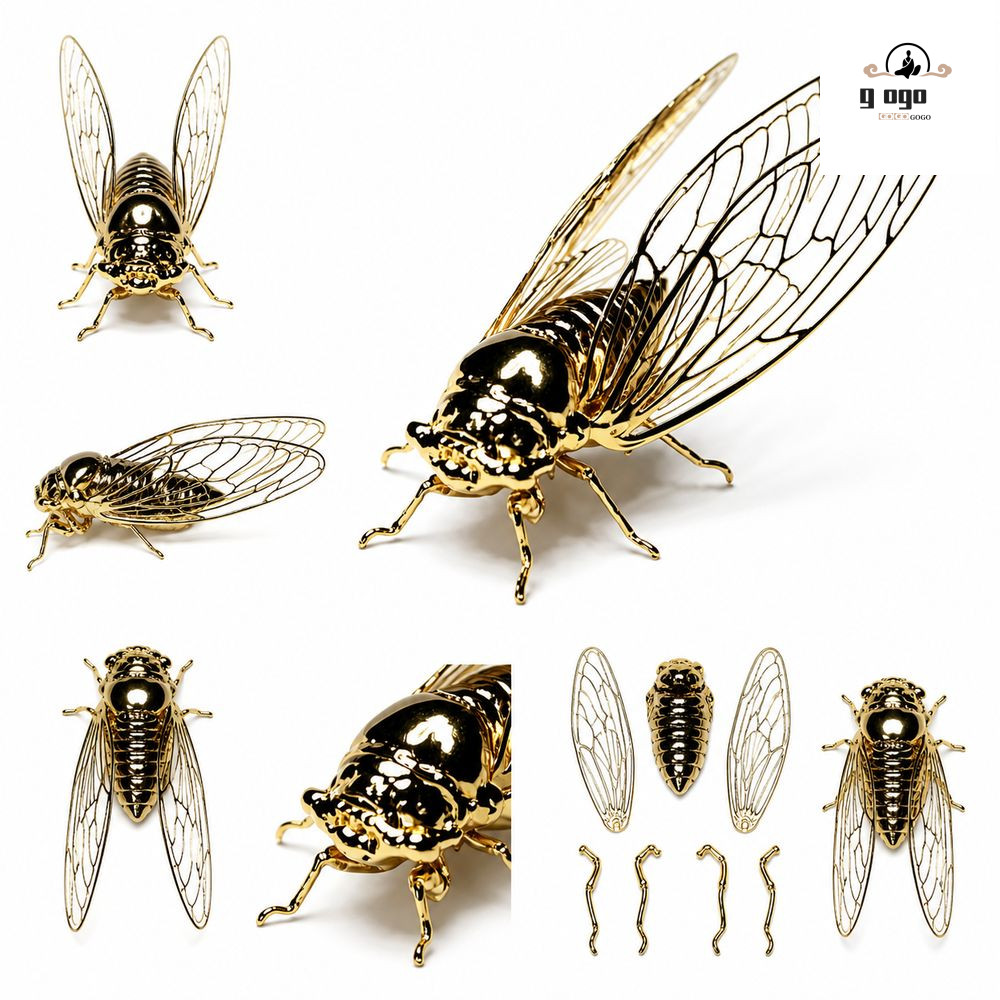 GOGOU Golden Cicada Figurine, Điêu khắc Cicada phong cách cổ điển vàng, Cánh rỗng Chi tiết thực tế K