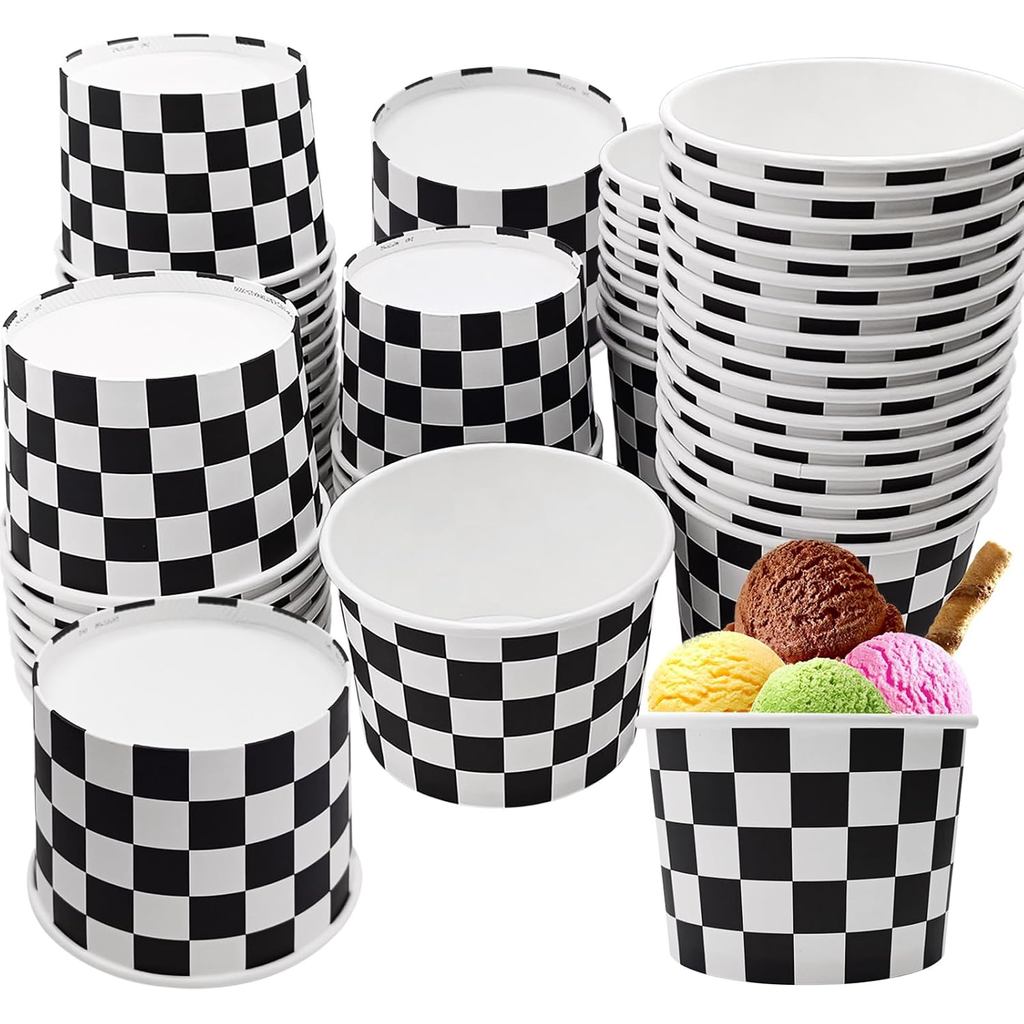 Bộ 50 Checkered Dùng Một Lần Kem Sundae Bát Đua Xe Đảng Ủng Hộ Giấy Cốc Kem Checkered Snack Cốc