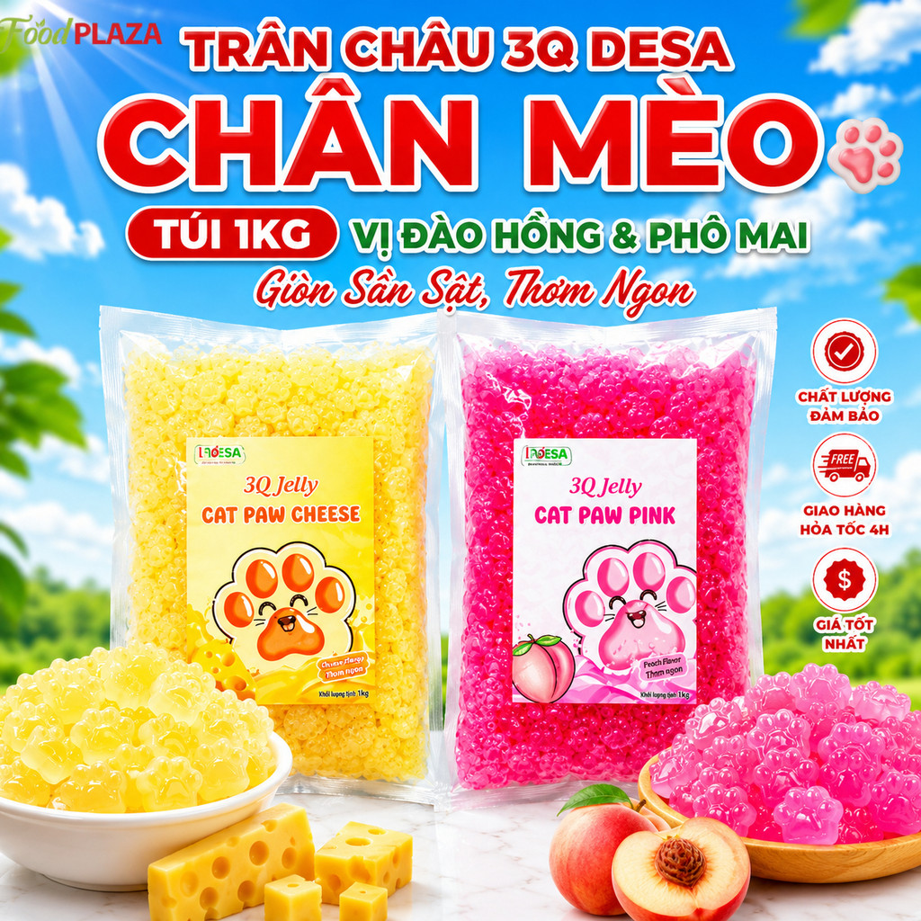 Trân Châu 3Q Desa Chân Mèo Túi 1Kg Giòn Dai, Vị Đào Hồng Và Phô Mai, Topping Cực Hấp Dẫn Cho Đồ Uống
