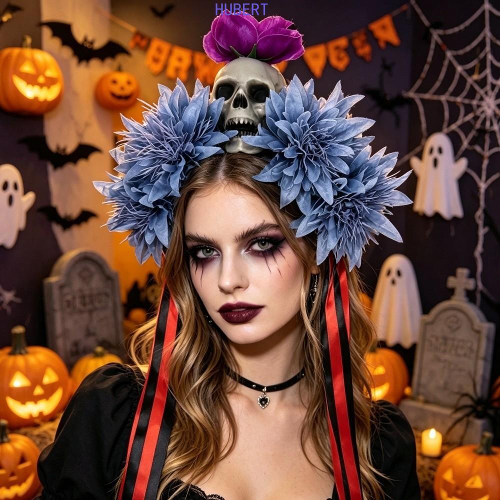 HUBERT Halloween Băng Đô, Đầu Lâu Nhện Mô Phỏng Hoa Halloween Đầu Lâu Băng Đô, Màu Trơn Đáng Sợ Hoa 