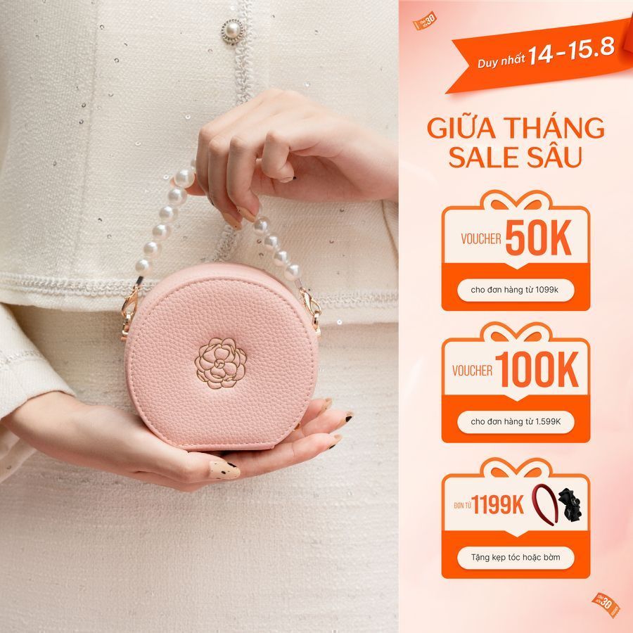Túi Da Hình Tròn Dây Ngọc Trai JM PK08.2509.Túi Mini Nữ Sang Trọng, Cổ Điển, Dễ Phối Thiết Kế Bởi JM