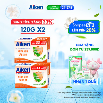 [TĂNG 33% DUNG TÍCH] Combo 2 Xà phòng Aiken sạch khuẩn Ngừa Mụn Sáng Da chiết xuất Bạc Hà (120g x 2)