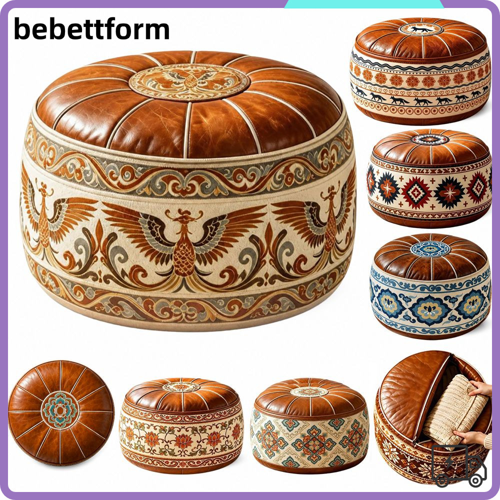 LUCKY Fillable Ottoman Pouf, Da PU Hình Tròn Lưu Trữ Ottoman, Họa Tiết Thêu Phong Cách Ma-rốc Tròn P
