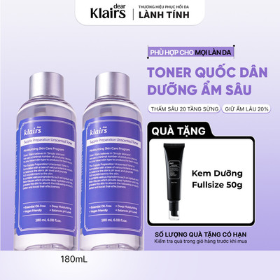 Combo 2 Nước hoa hồng Dear, Klairs Supple Preparation Unscented Toner cấp ẩm hỗ trợ làm sáng da 180ml [FS]