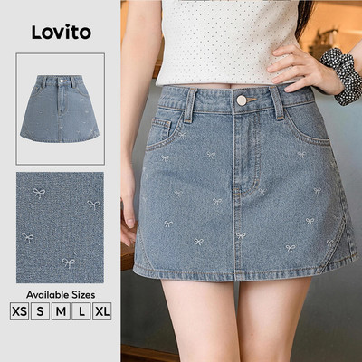 Quần short denim nữ Lovito xanh dương nhạt xuân hè nút giả 2 trong 1 phong cách thường ngày L139AD019